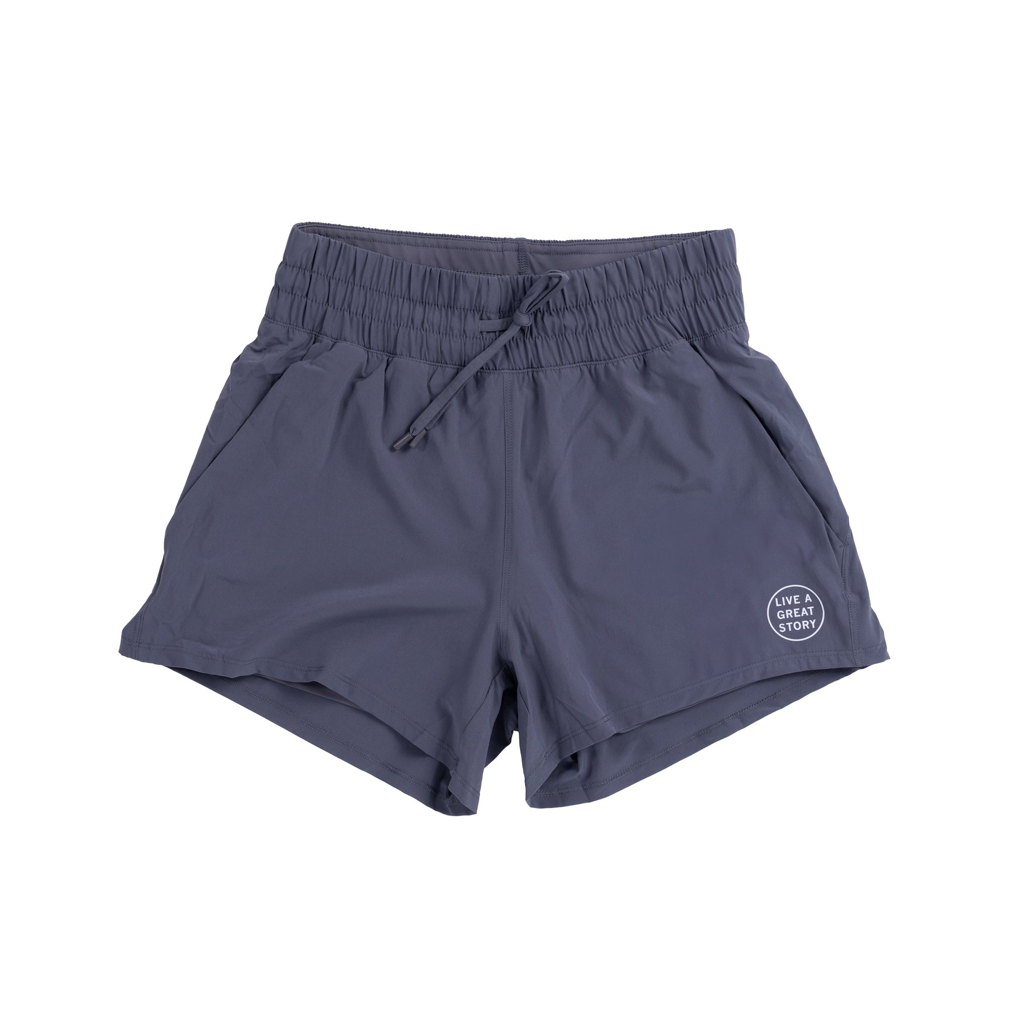 Front view of LIVE A GREAT STORY gray active women's shorts