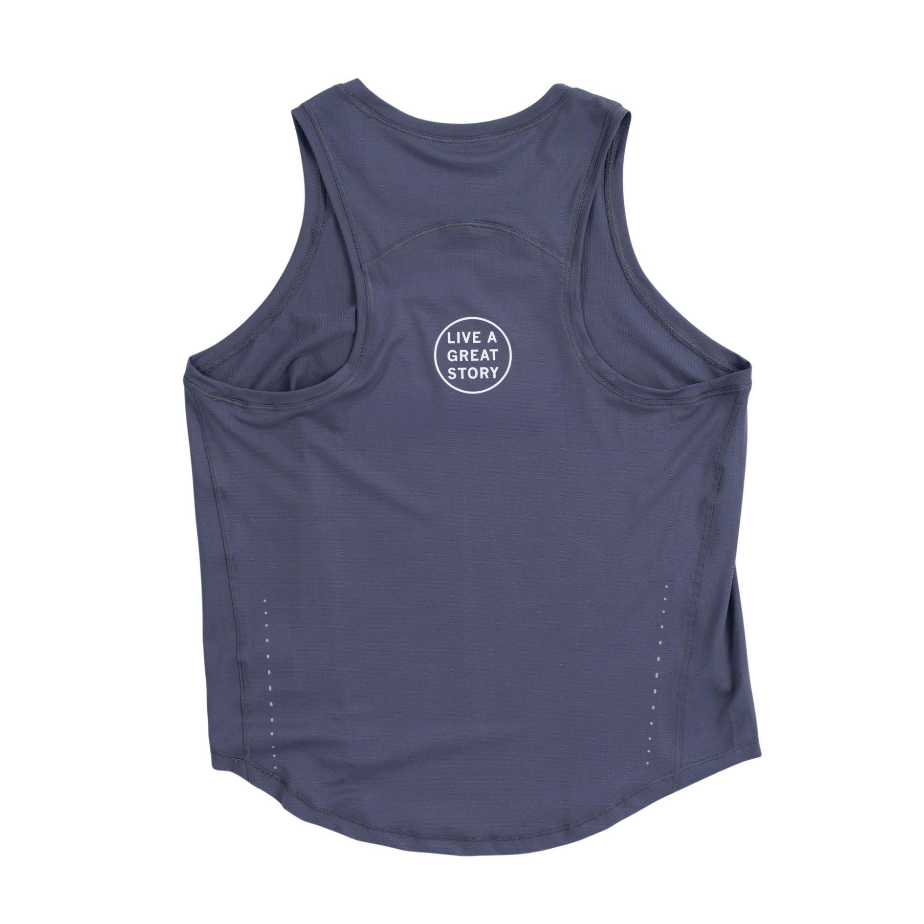The back view of a gray LIVE A GREAT STORY Lightweight Women's Racer Tank Top