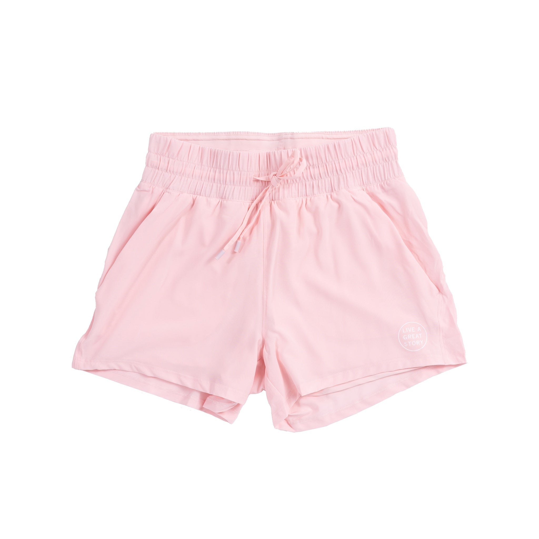 Front view of LIVE A GREAT STORY pink active women's shorts