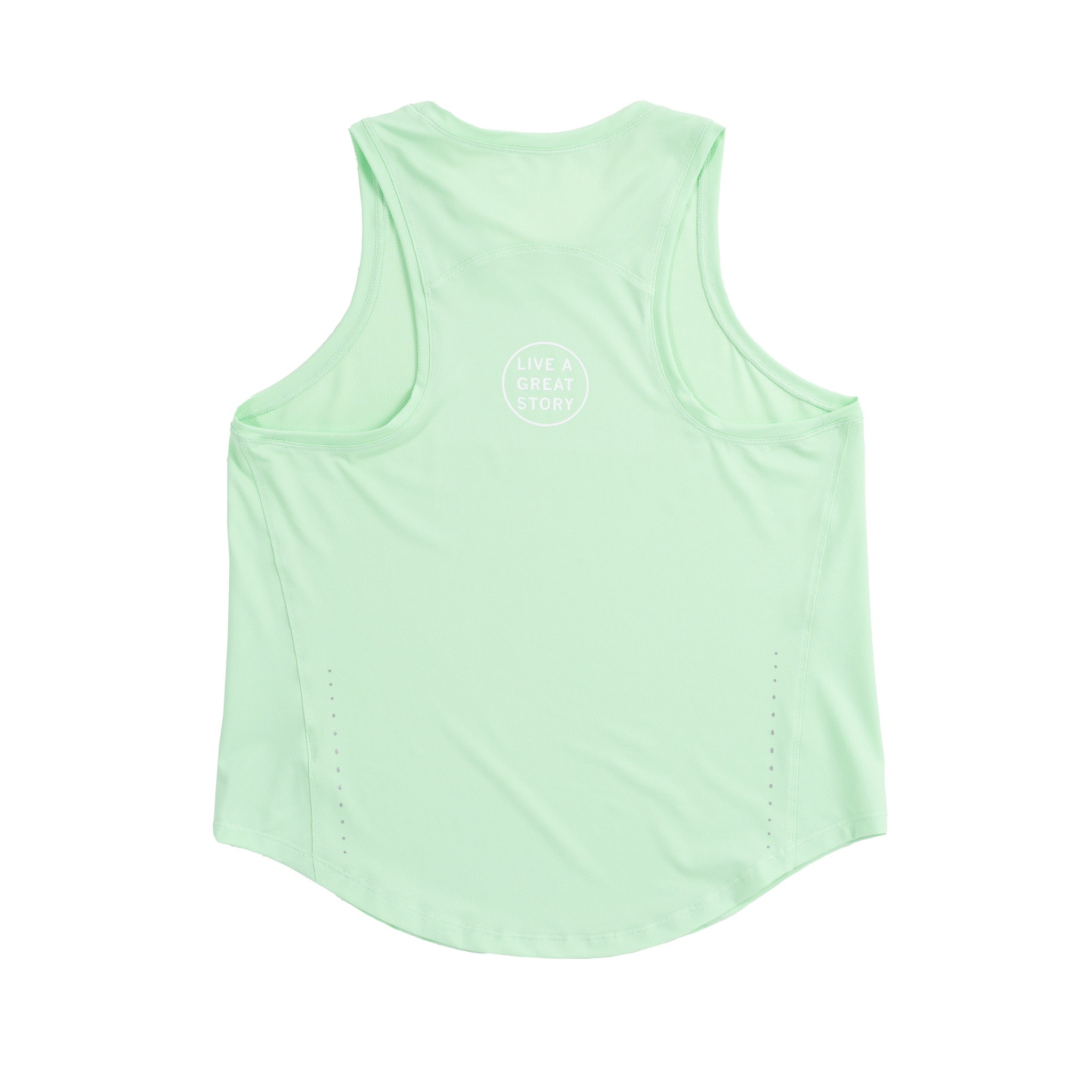 The back view of a green LIVE A GREAT STORY Lightweight Women's Racer Tank Top