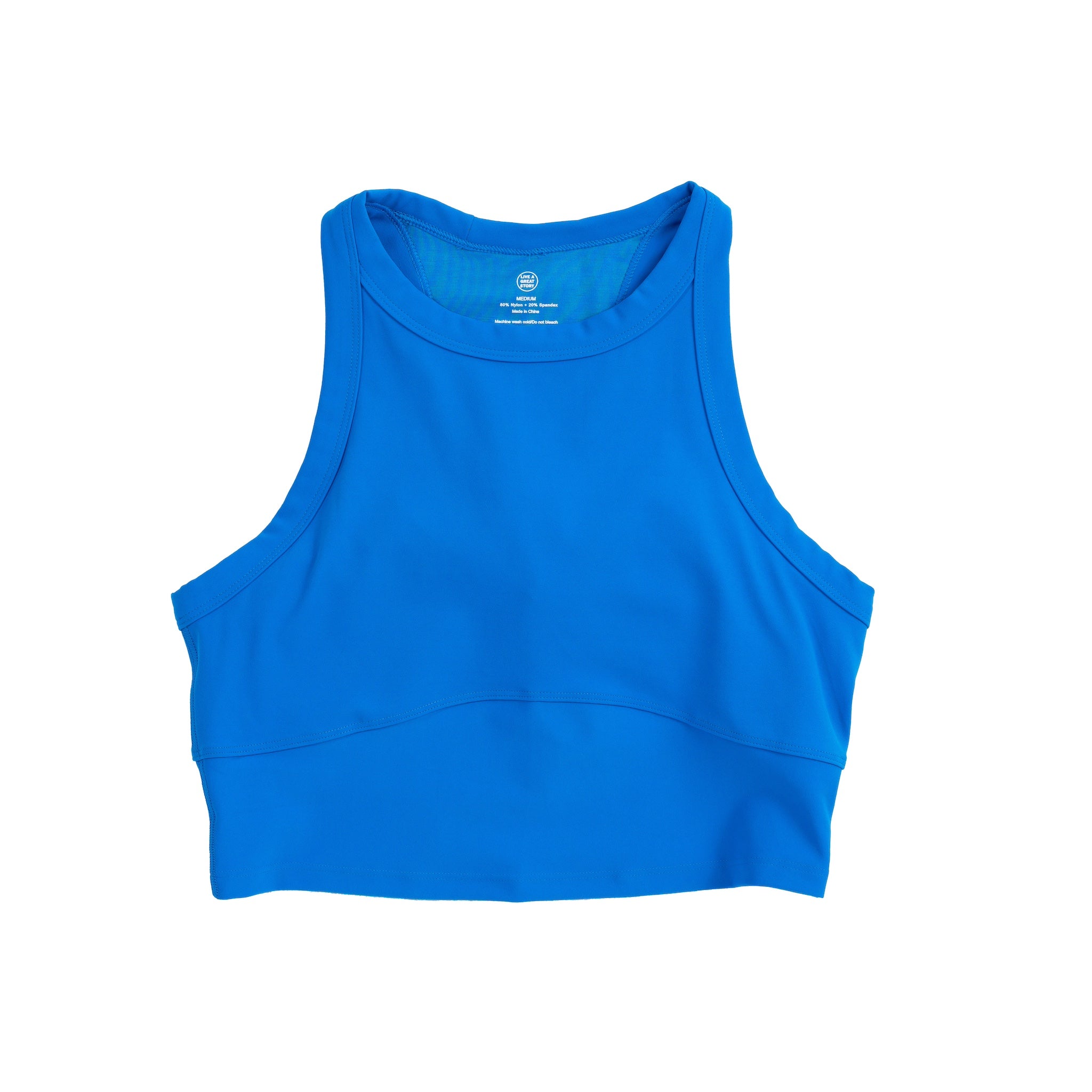 The front view of a blue LIVE A GREAT STORY women's tank top