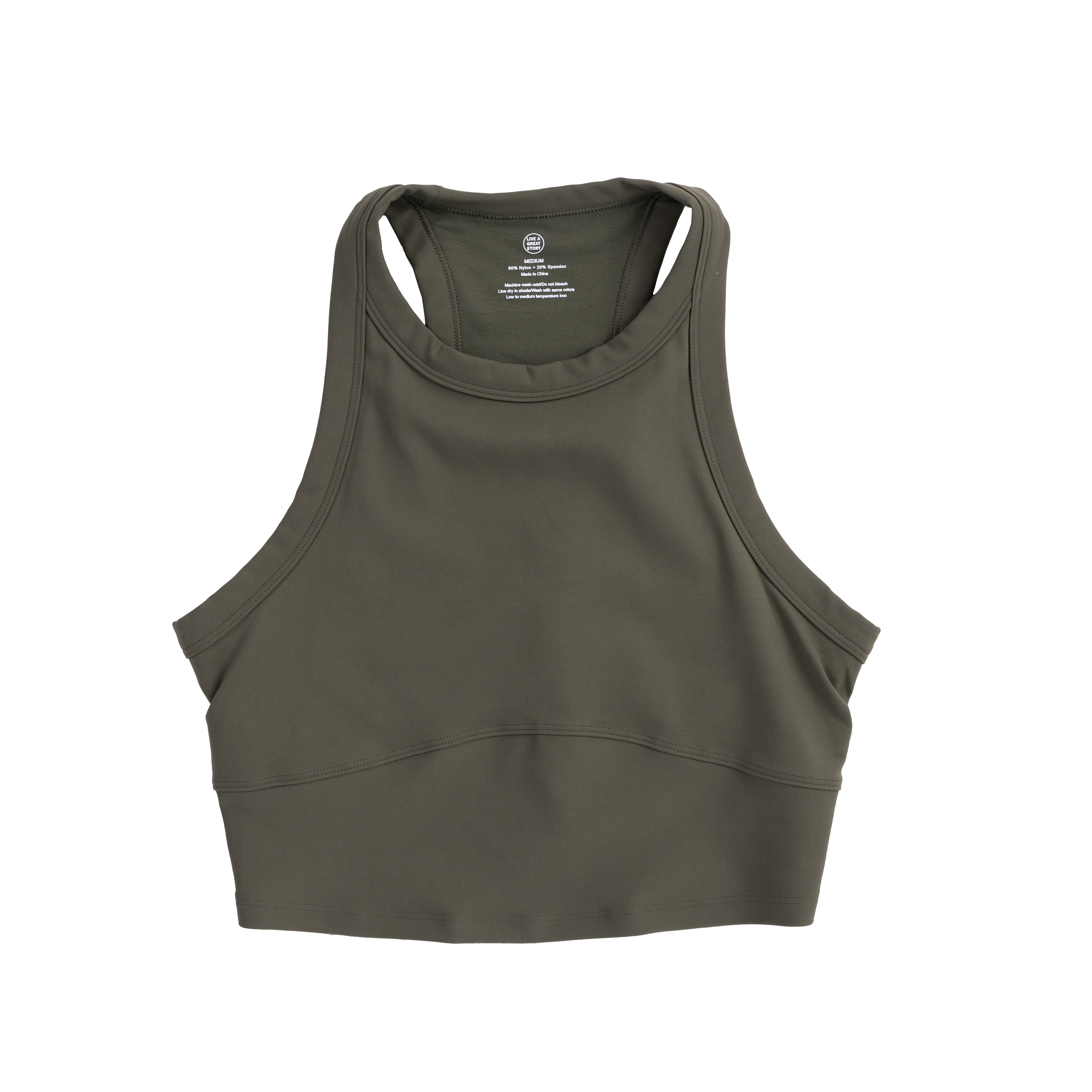 The front view of an olive LIVE A GREAT STORY women's tank top
