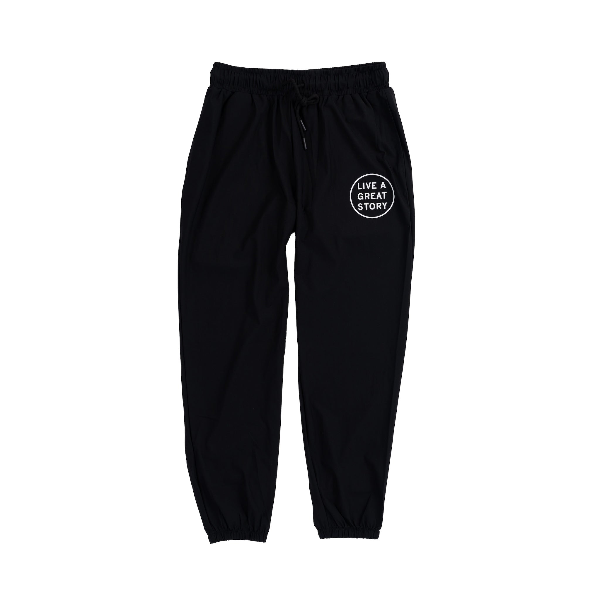 A front view of black LIVE A GREAT STORY athletic jogger pants