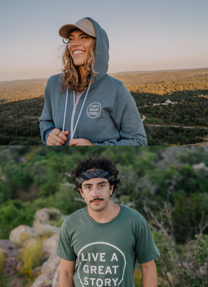 A woman and a man wearing LIVE A GREAT STORY adventure gear