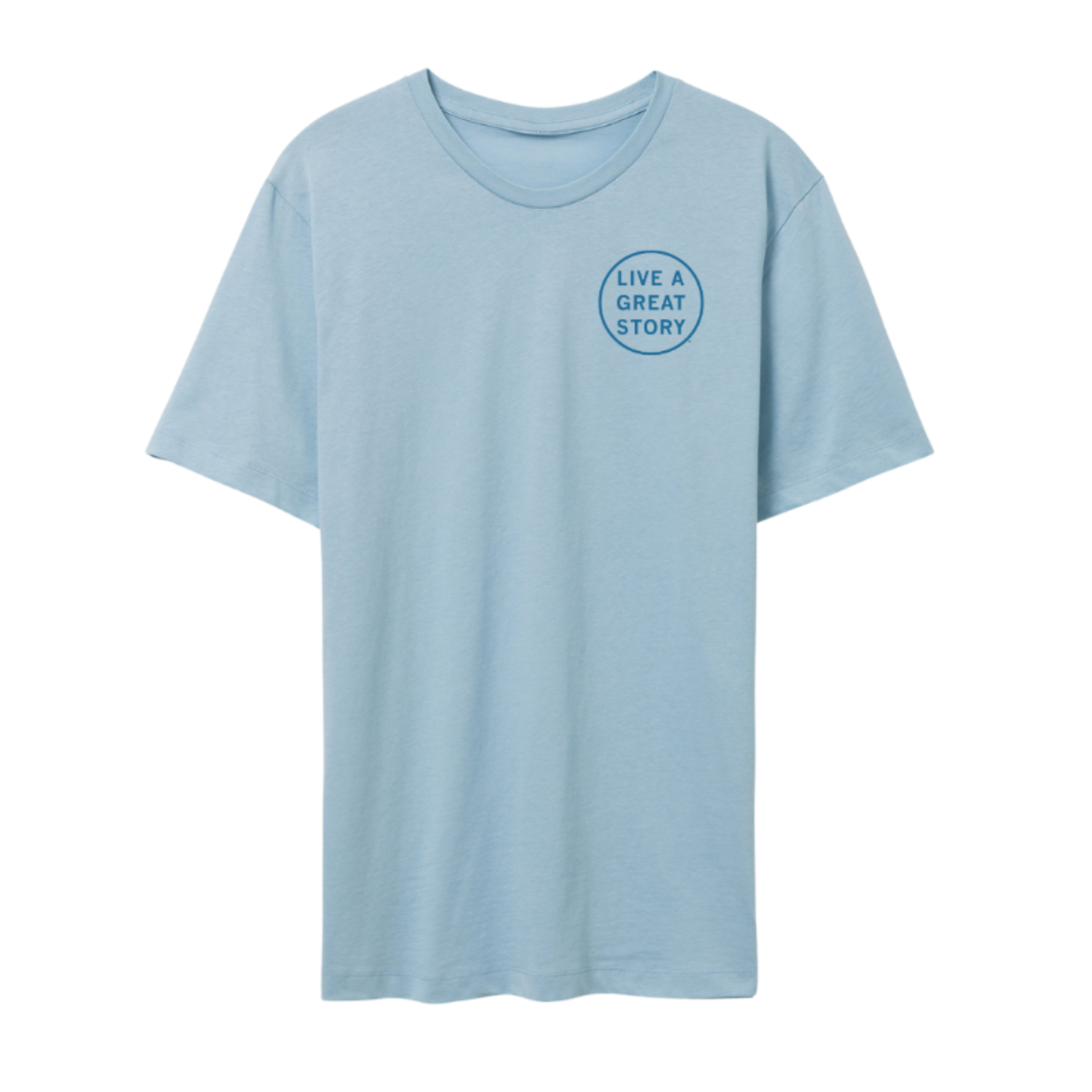 A light blue LIVE A GREAT STORY 100% cotton chest print T-shirt