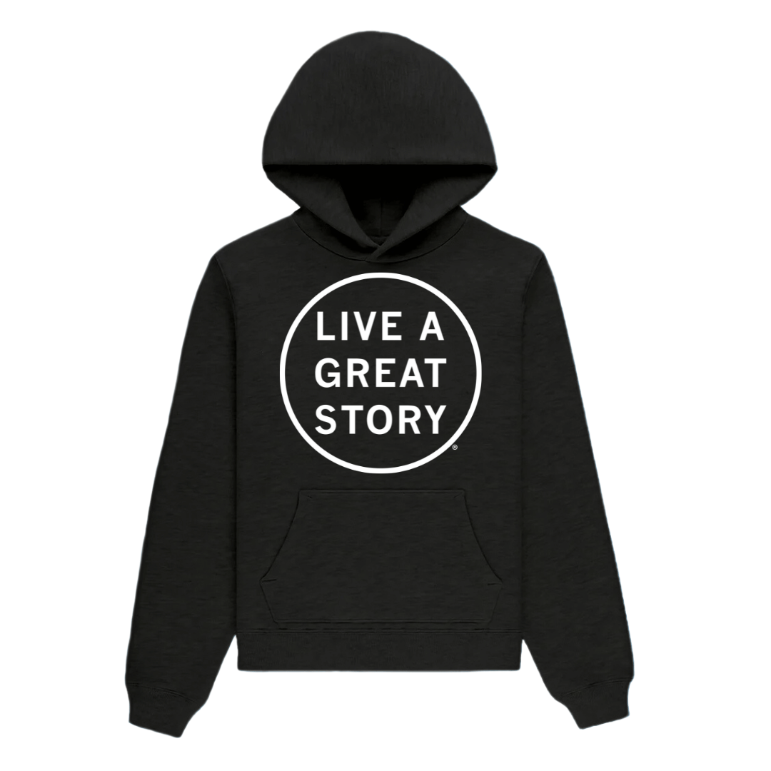 A black LIVE A GREAT STORY original 100% cotton hoodie