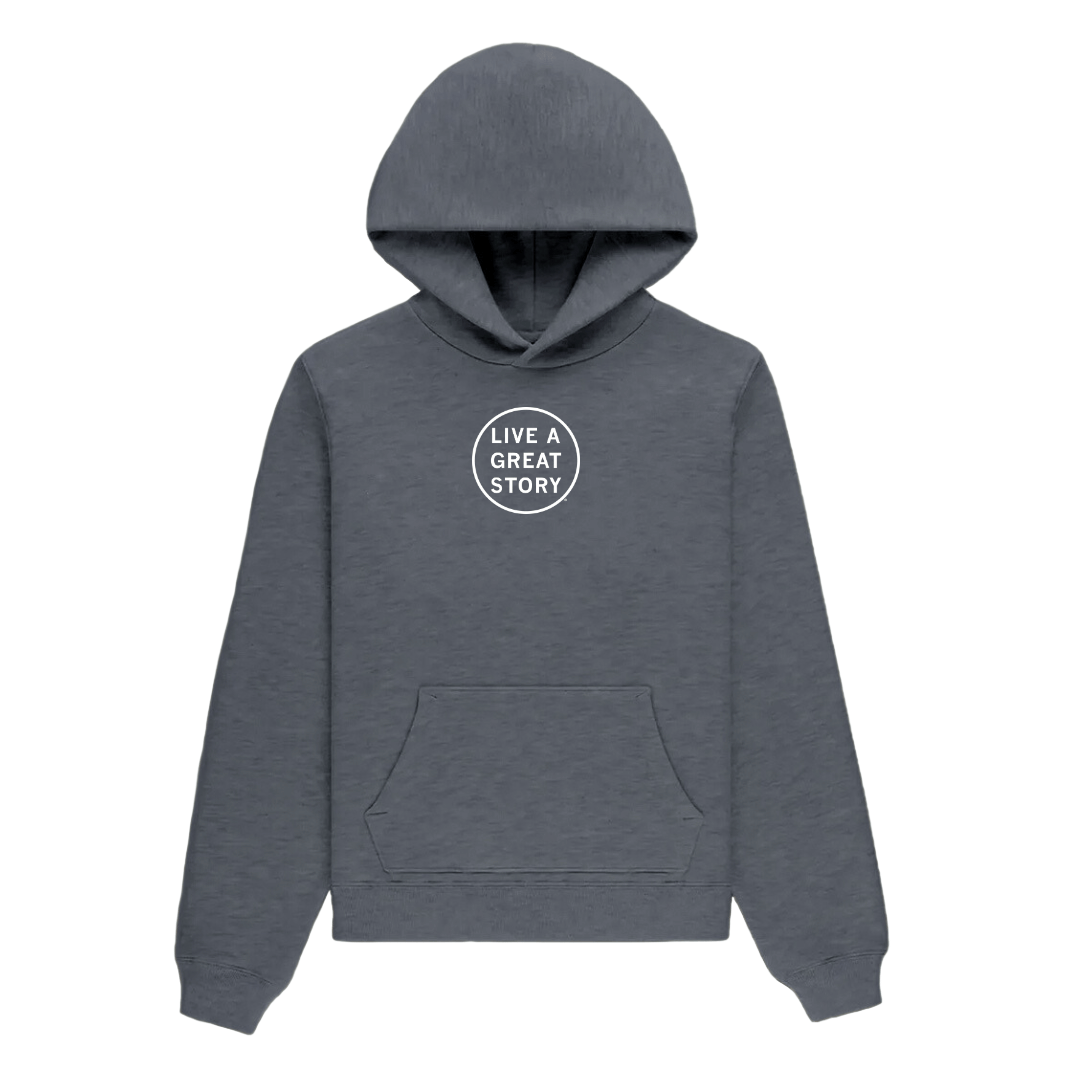 A dark gray LIVE A GREAT STORY chest and back print 100% cotton hoodie 