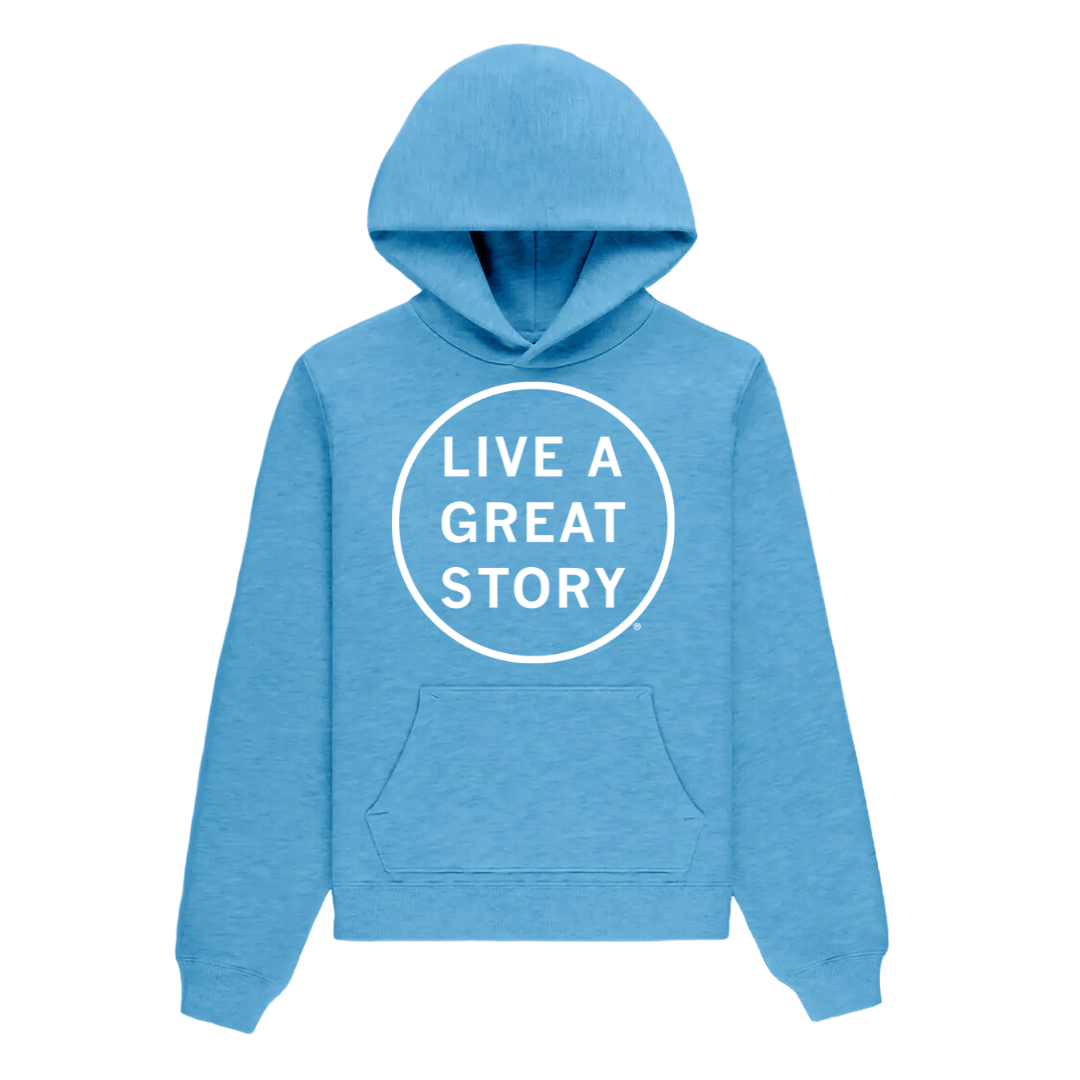 A blue LIVE A GREAT STORY original 100% cotton hoodie