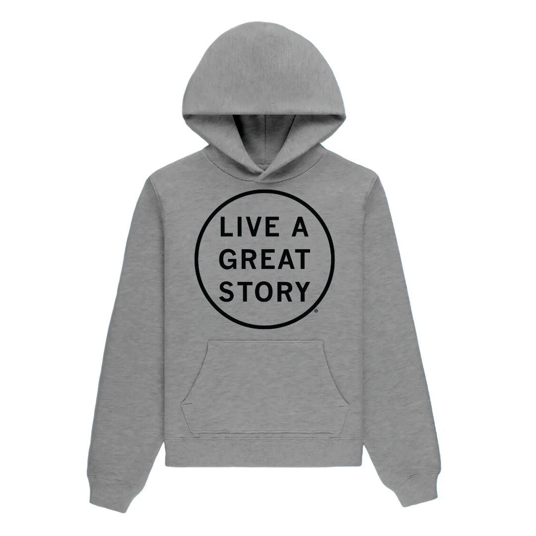 A light gray LIVE A GREAT STORY original 100% cotton hoodie