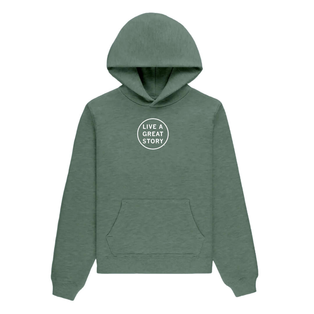 The front of an olive green LIVE A GREAT STORY chest and back print 100% cotton hoodie 