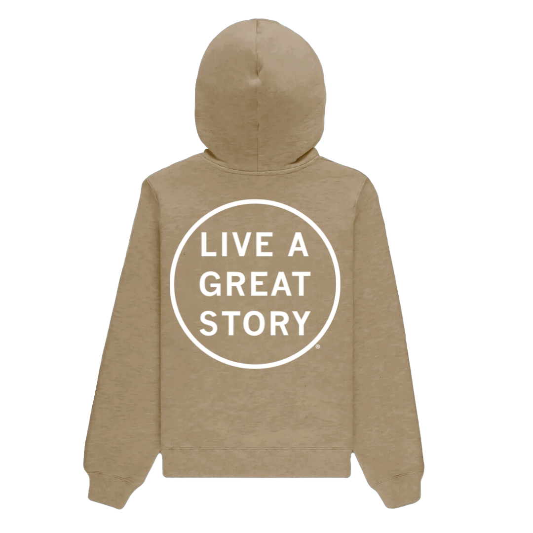 The back of a tan LIVE A GREAT STORY chest and back print 100% cotton hoodie 