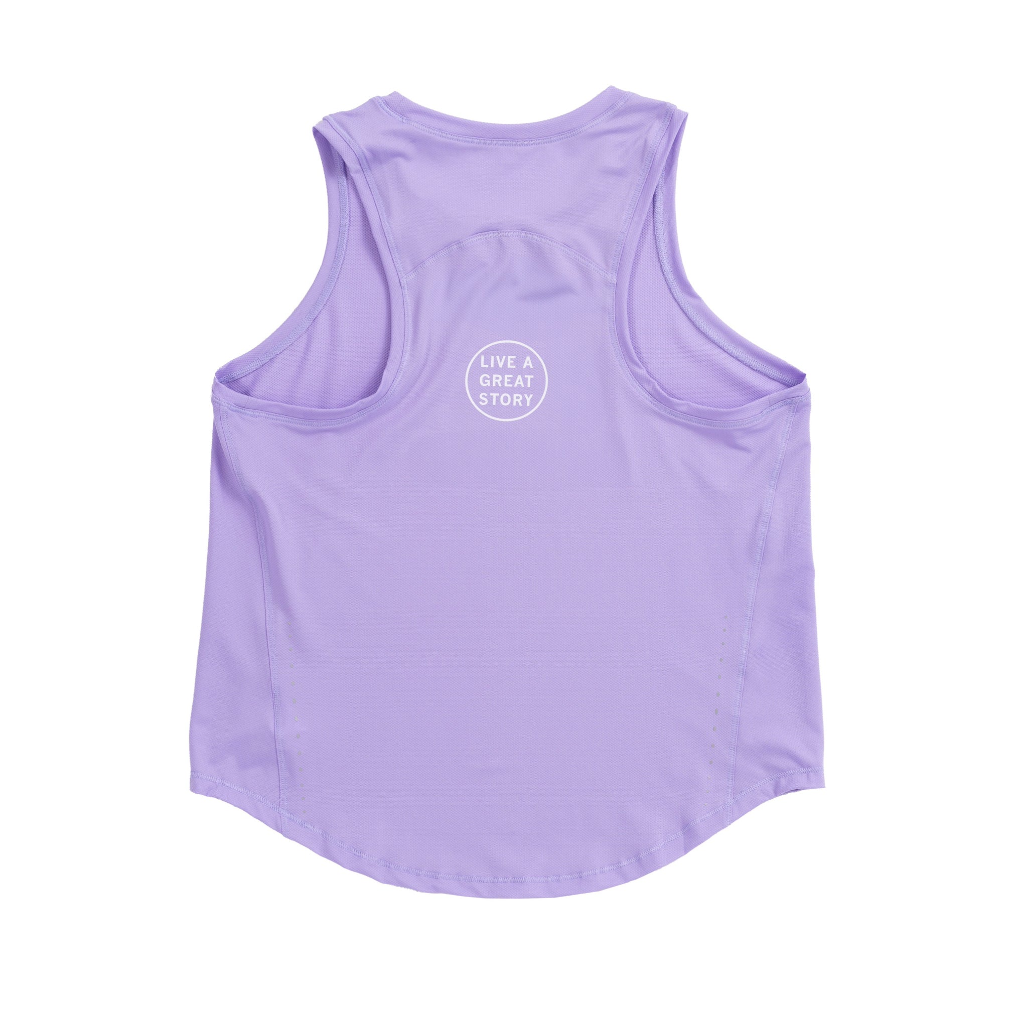 The back view of a lilac LIVE A GREAT STORY Lightweight Women's Racer Tank Top