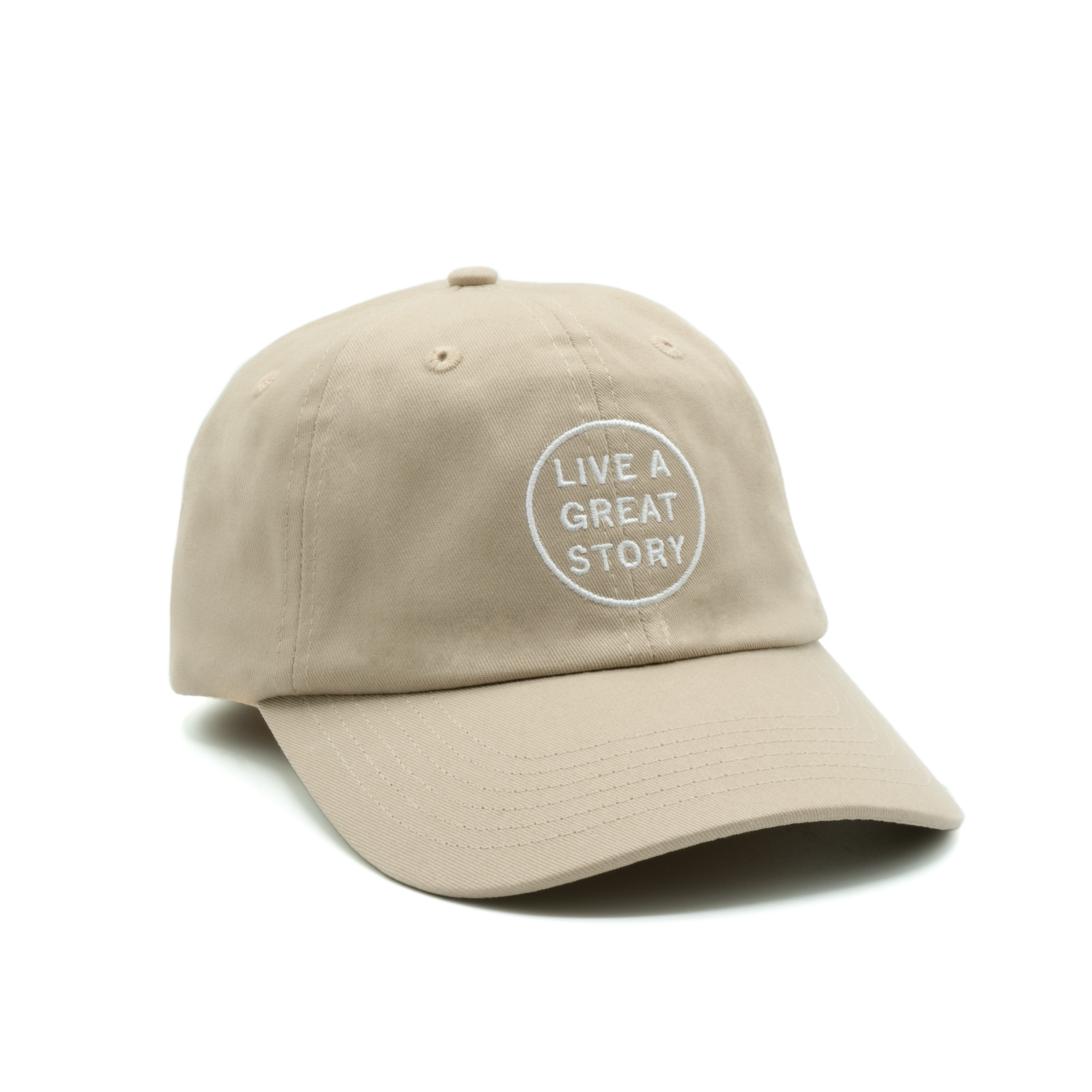 A tan LIVE A GREAT STORY Dad Hat