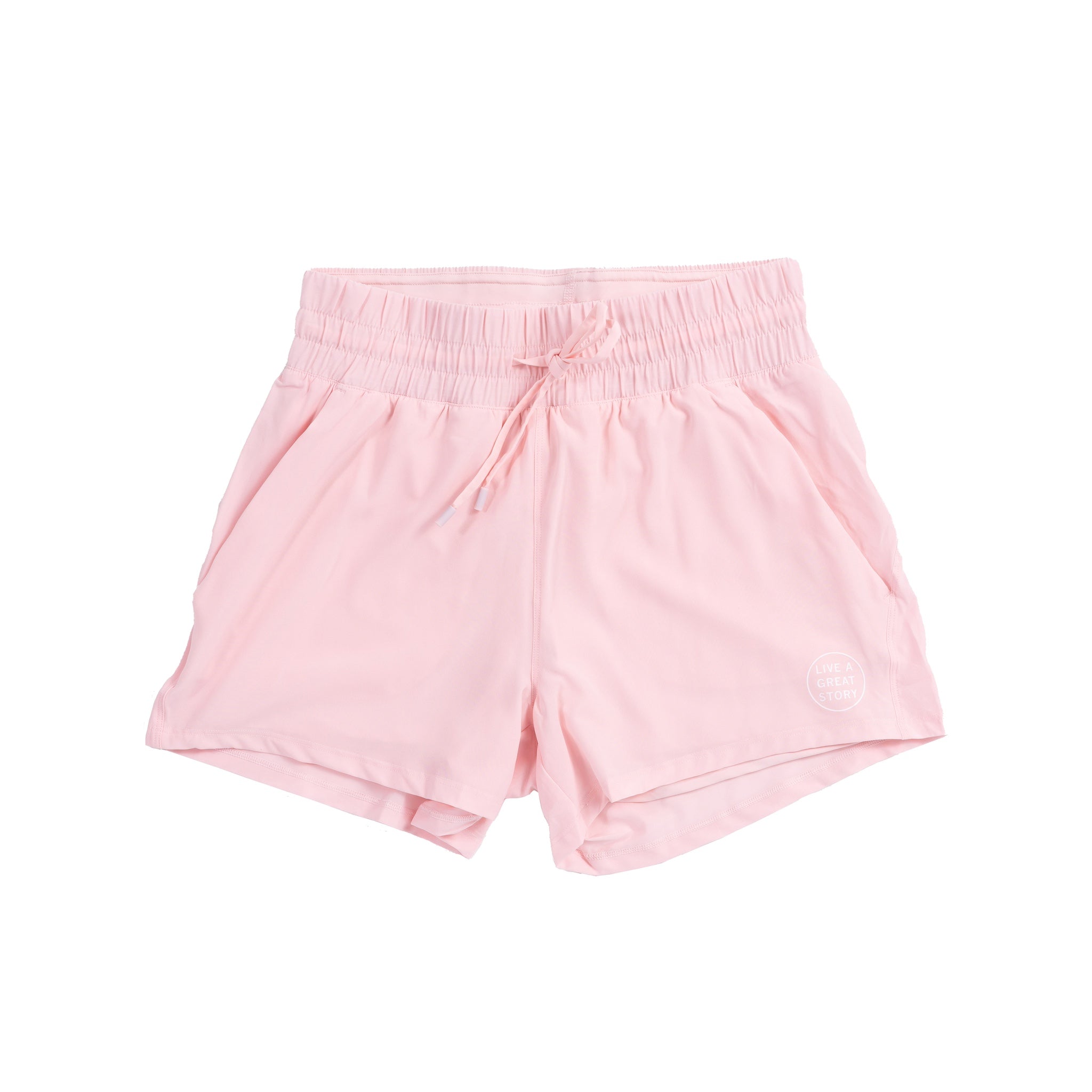 Front view of LIVE A GREAT STORY pink active women's shorts 