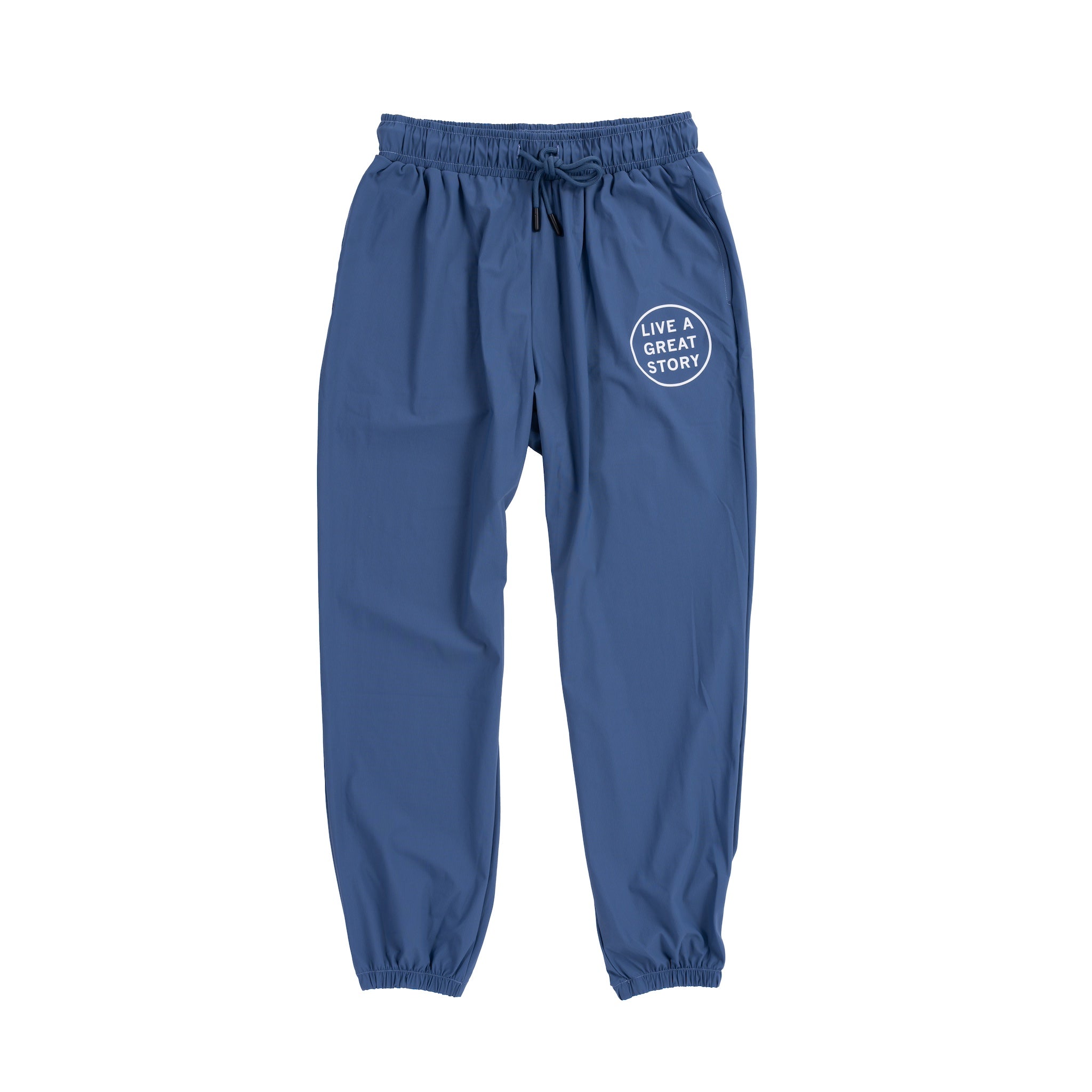 A front view of blue LIVE A GREAT STORY athletic jogger pants