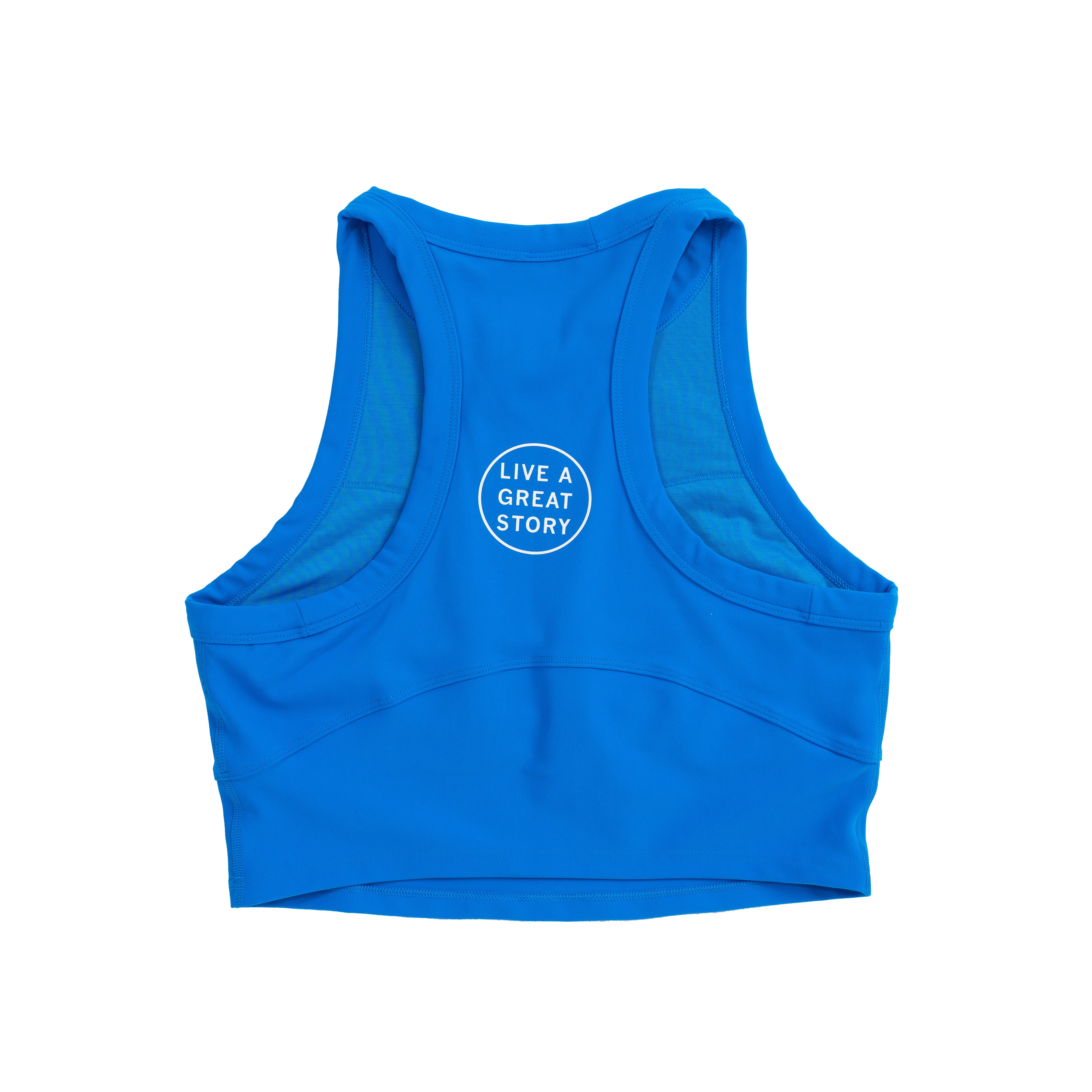 The back view of a blue LIVE A GREAT STORY women's tank top