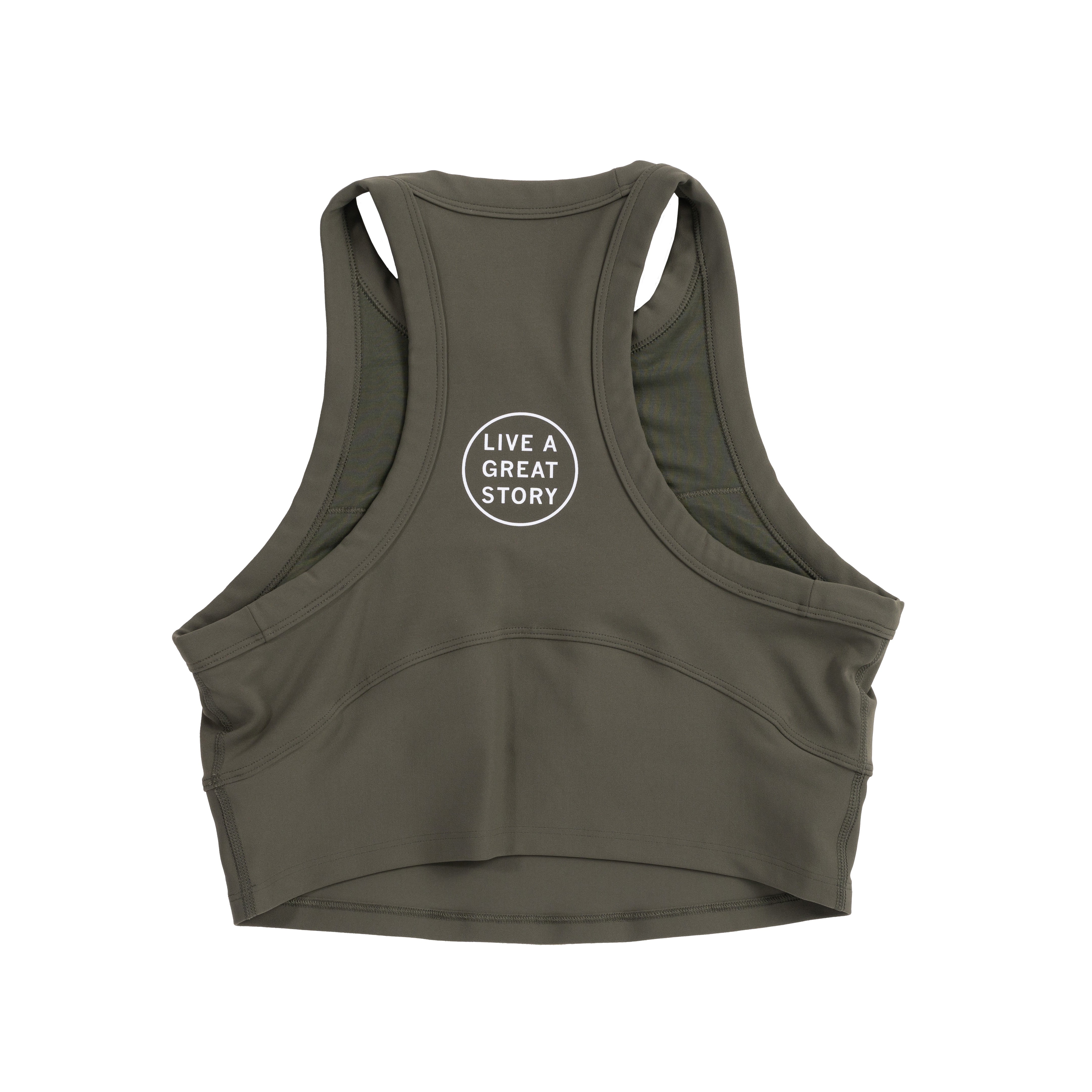 The back view of an olive LIVE A GREAT STORY women's tank top