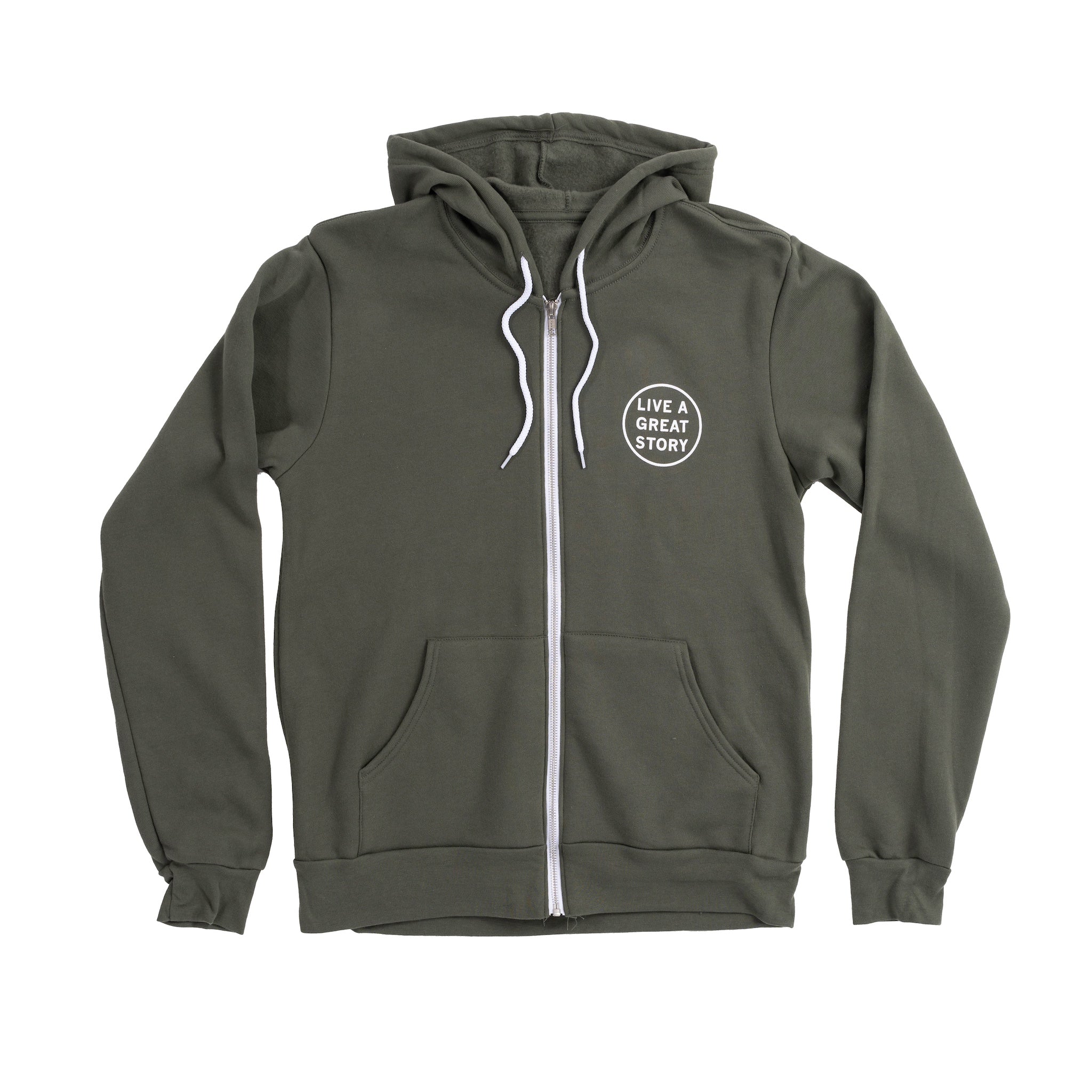 The front of a green LIVE A GREAT STORY zip up hoodie