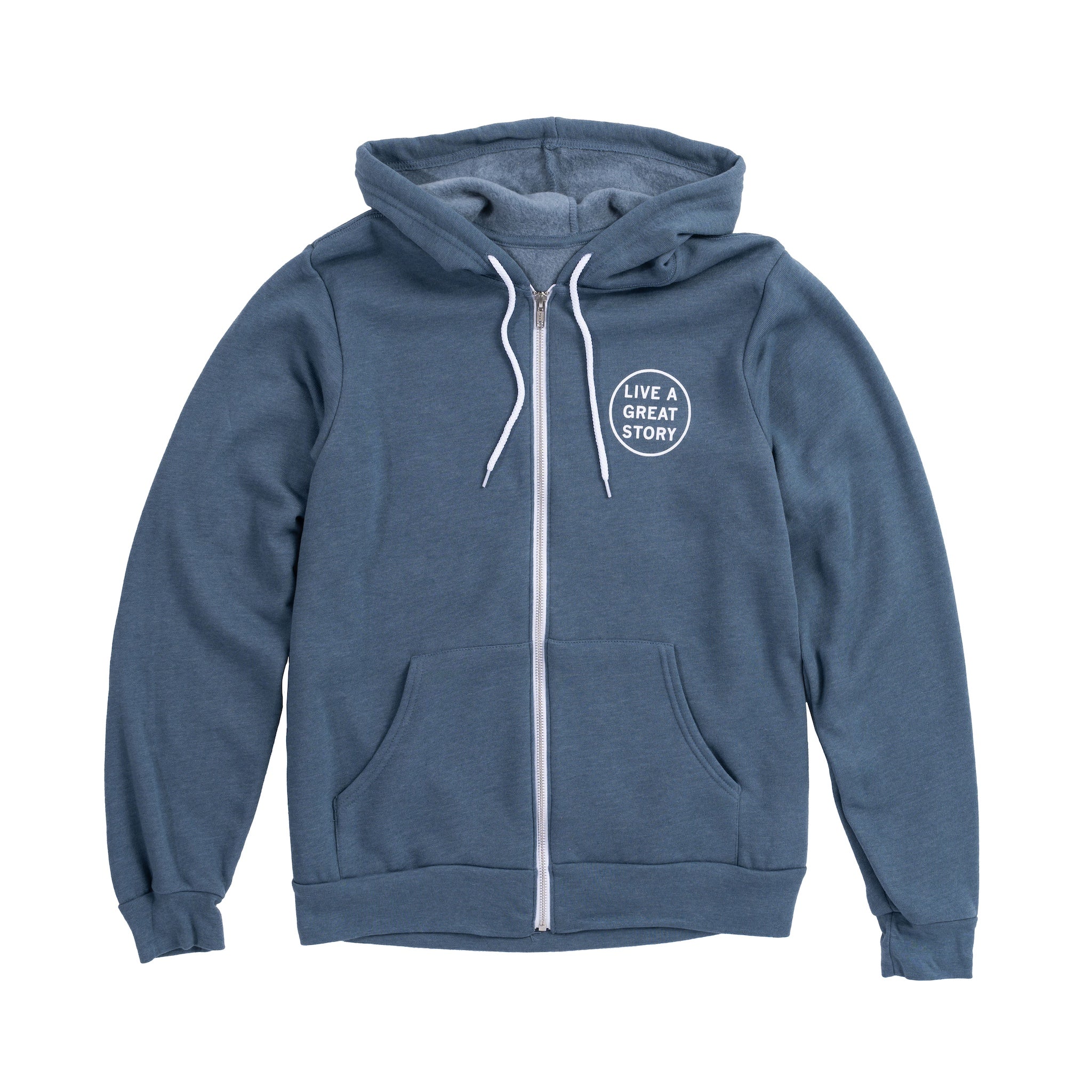 The front of a blue LIVE A GREAT STORY zip up hoodie