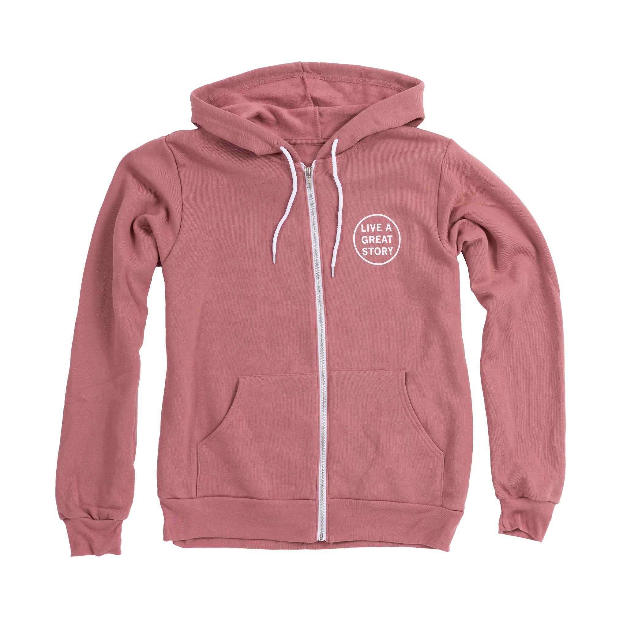 The front of a mauve LIVE A GREAT STORY zip up  hoodie