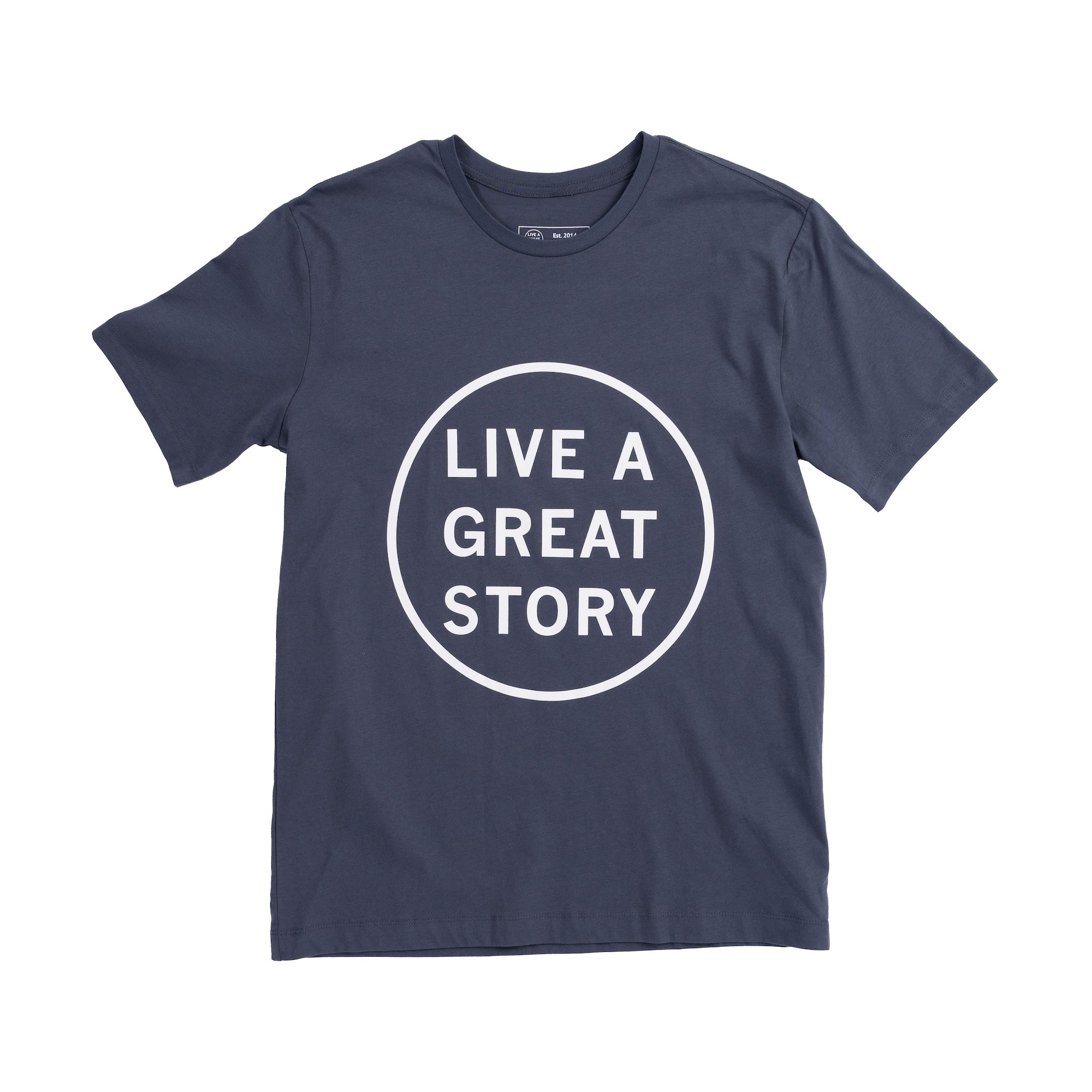 The front of a navy blue LIVE A GREAT STORY Unisex T-Shirt