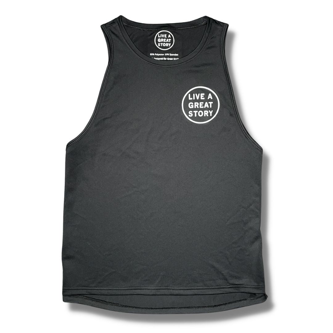 A black LIVE A GREAT STORY Men's Athletic Tank