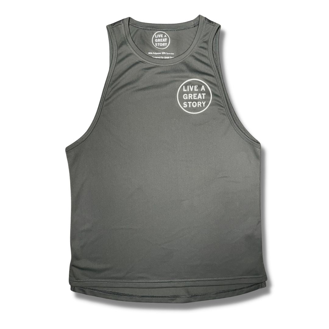 A gray LIVE A GREAT STORY Men's Athletic Tank