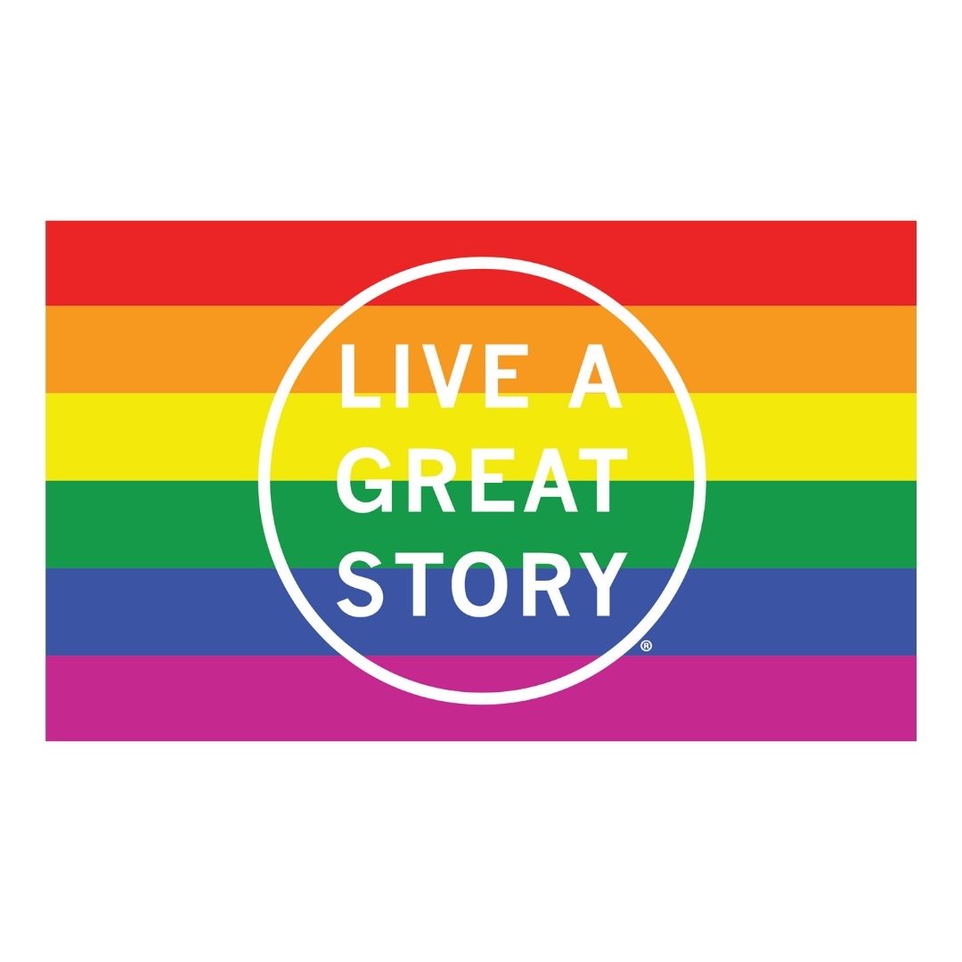 A rainbow LIVE A GREAT STORY Adventure Flag