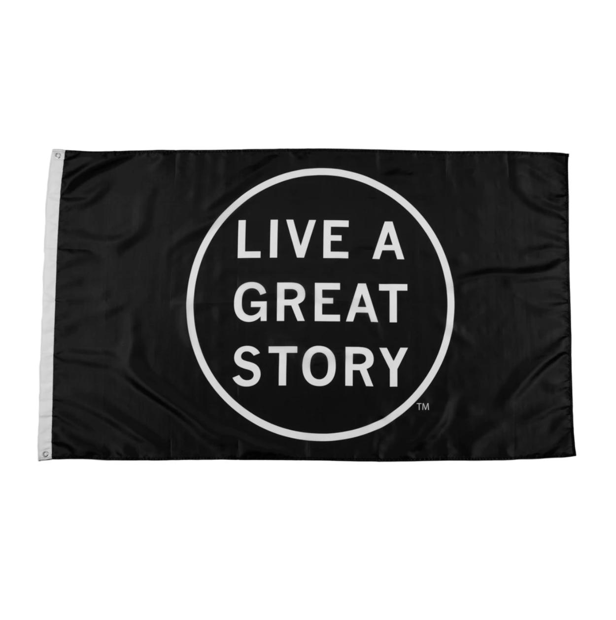 A black LIVE A GREAT STORY Mini Adventure Flag